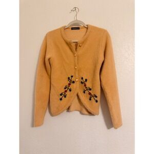 Fashion Flo Peach Fuzzy Knit Embroidered Beaded Floral Cardigan Sweater vintage